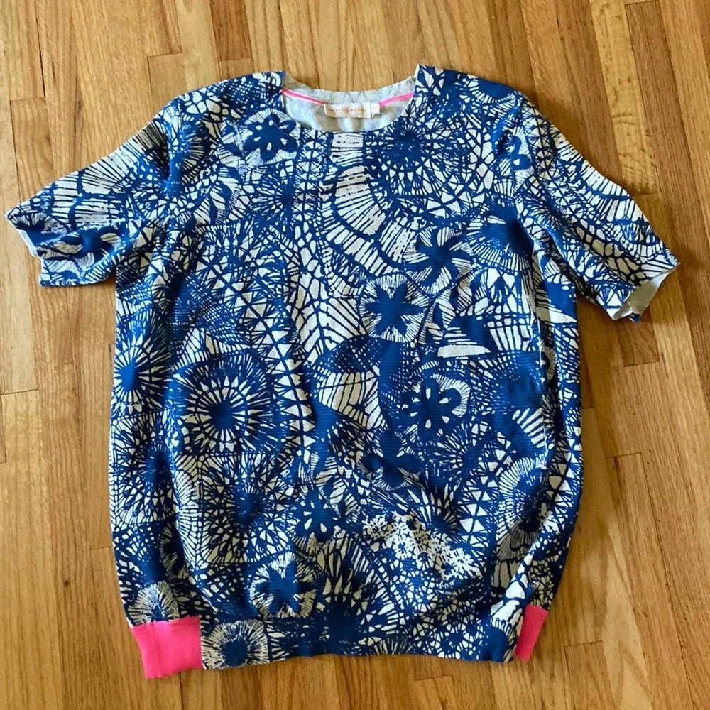 Tory Burch Blue Baltic Sea Dream Catcher Print Crewneck Sweater size M - Picture 1 of 5